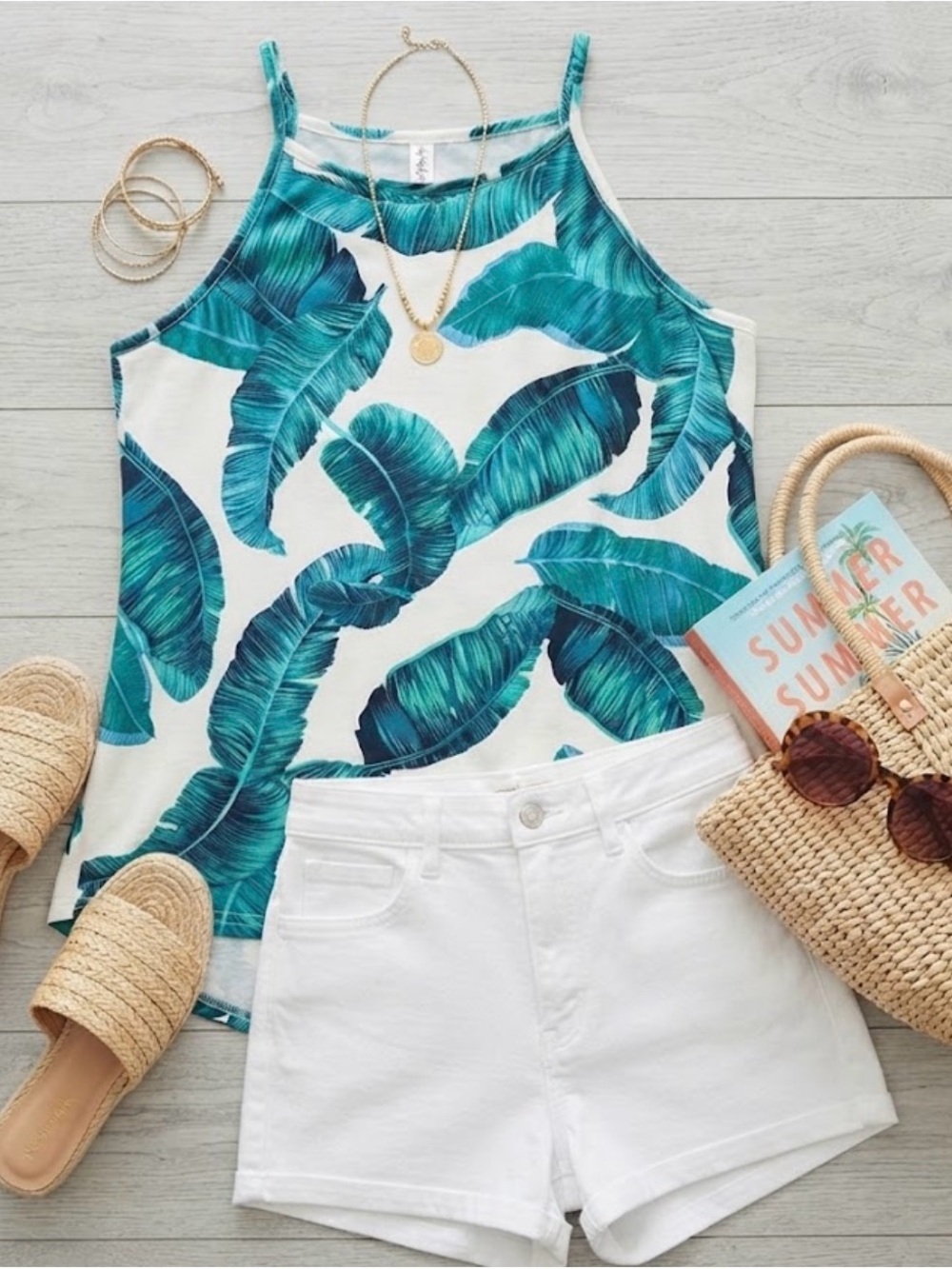 Leo Rosi Teal Tropical Leaf Halter Tank Top